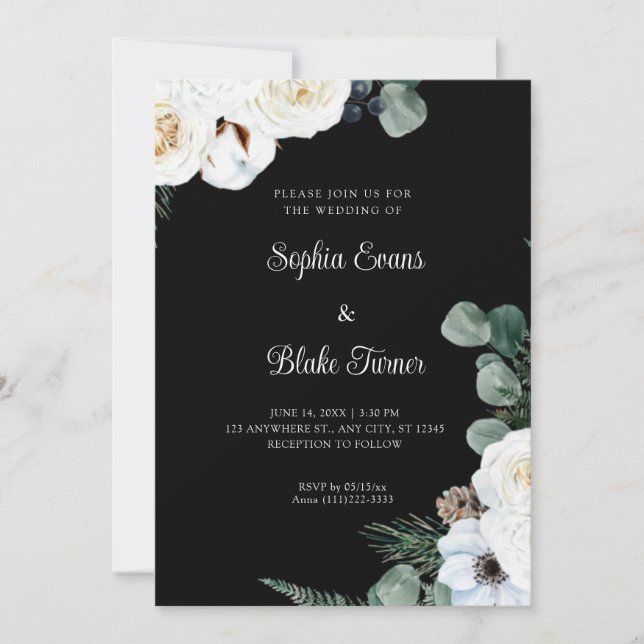 Elegant White Floral with Greenery Black Wedding Invitation (Front)
