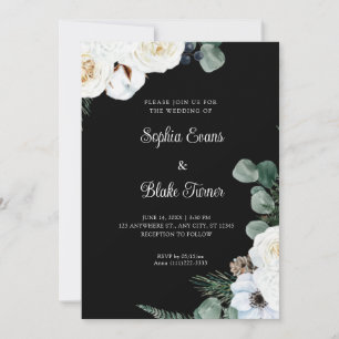 Elegant White Floral with Greenery Black Wedding Invitation