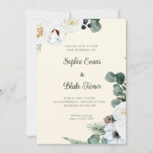 Elegant White Floral with Greenery Yellow Wedding Invitation