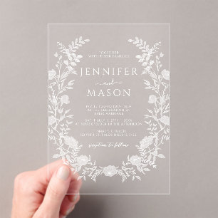 Elegant White Floral Wreath Bohemian Wedding Acrylic Invitations