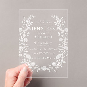 Elegant White Floral Wreath Bohemian Wedding Acrylic Invitations