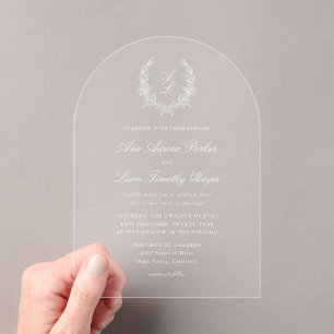 Elegant White Floral Wreath Monogram Wedding Acrylic Invitations