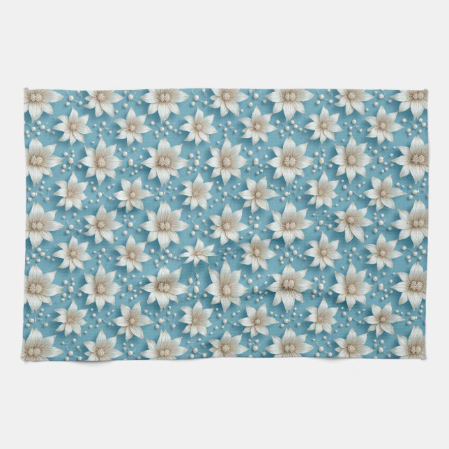 Elegant White Flower Pattern With Pearls Kitchen Towel (Horizontal)