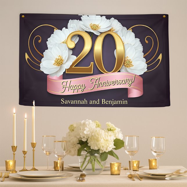 Elegant White Flowers 20th Wedding Anniversary Banner (Creator Uploaded)