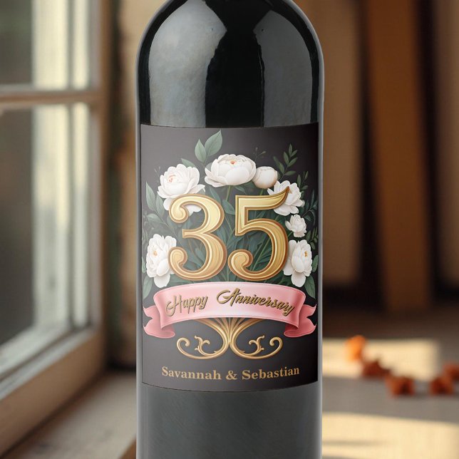 Elegant White Flowers 35th Wedding Anniversary Wine Label (Creator Uploaded)