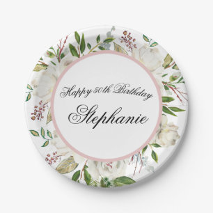 Elegant White Flowers 50th Birthday Paper Plate