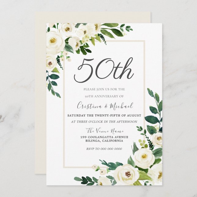 Elegant White Flowers 50th Wedding Anniversary Invitation (Front/Back)