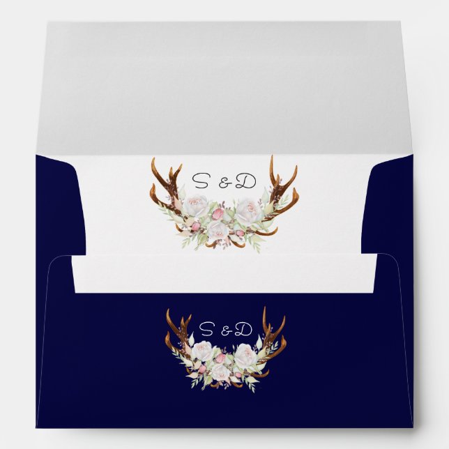 Elegant White Flowers Antlers Navy Wedding Envelope (Back (Bottom))