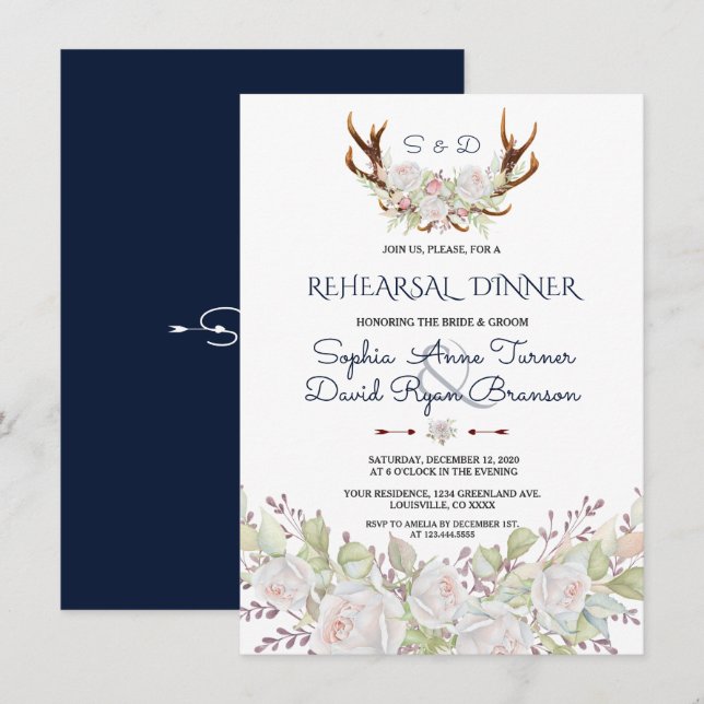 Elegant White Flowers Antlers Rehearsal Dinner Invitation (Front/Back)
