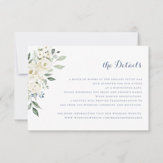 Elegant White Flowers Dusty Blue Wedding Details Invitation (Front)