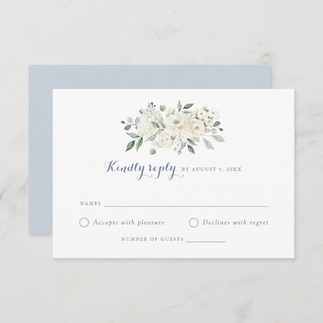 Elegant White Flowers Dusty Blue Wedding RSVP Invitation (Front/Back)