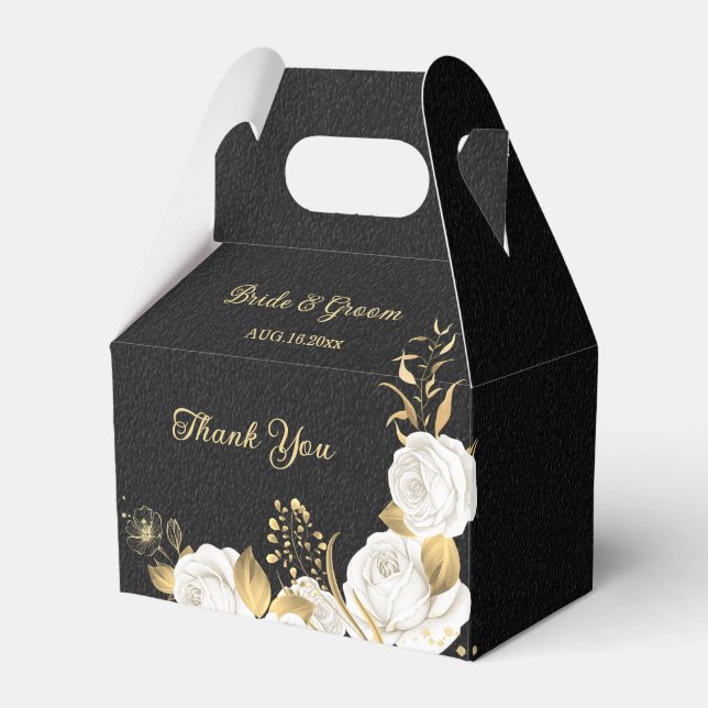 Elegant white flowers gold black wedding favor box (Front Side)