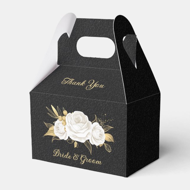 Elegant white flowers gold black wedding favor box (Front Side)