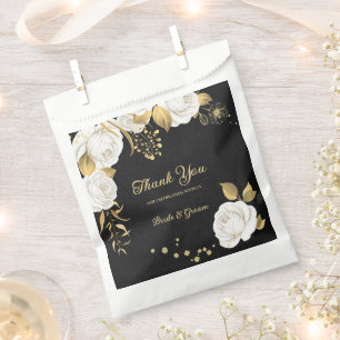 Elegant white flowers gold black wedding favour bag