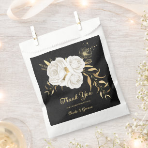 Elegant white flowers gold black wedding favour bag