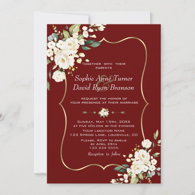 Elegant White Flowers Gold Burgundy Wedding Invitation (Front)
