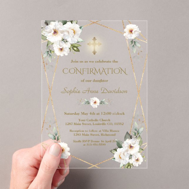Elegant White Flowers Gold Cross Confirmation Acrylic Invitations (Insitu (Handheld))