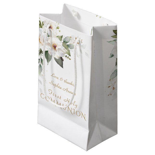 Elegant White Flowers Gold First Holy Communion Small Gift Bag (Front Angled)