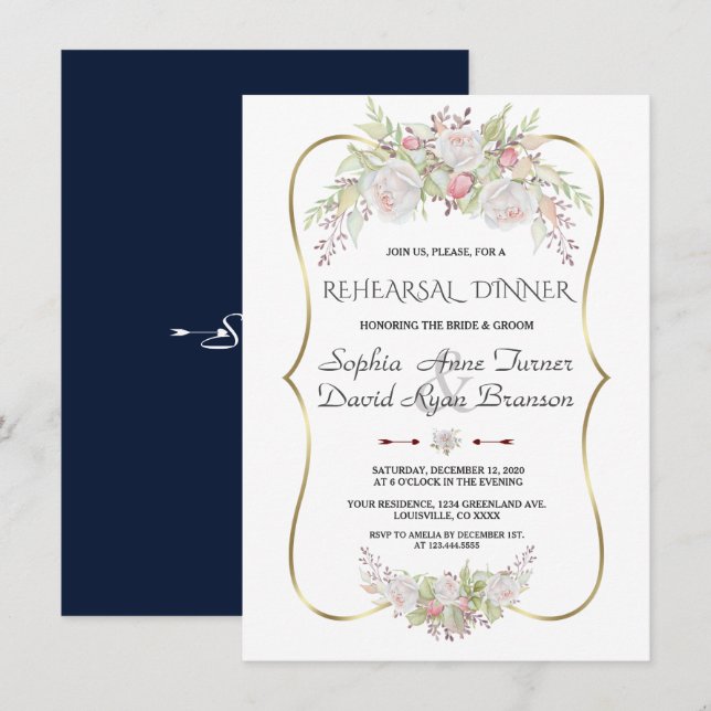 Elegant White Flowers Gold Frame Rehearsal Dinner Invitation (Front/Back)