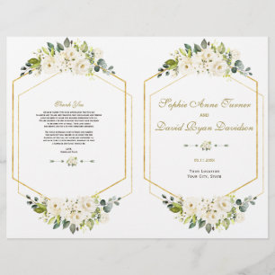 Elegant White Flowers Gold Frame Wedding Program