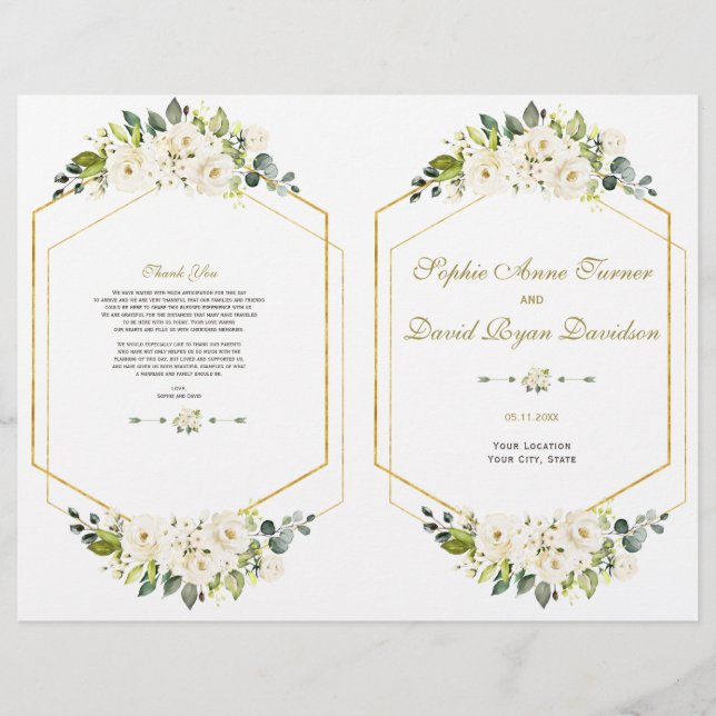 Elegant White Flowers Gold Frame Wedding Program (Front)