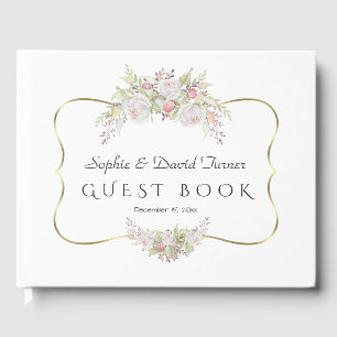Elegant White Flowers Gold Navy Blue Wedding Guest Book