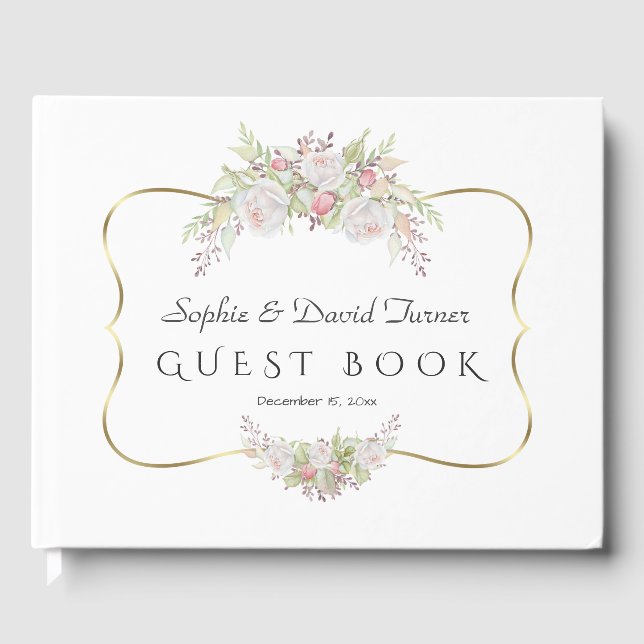 Elegant White Flowers Gold Navy Blue Wedding Guest Book (Front)