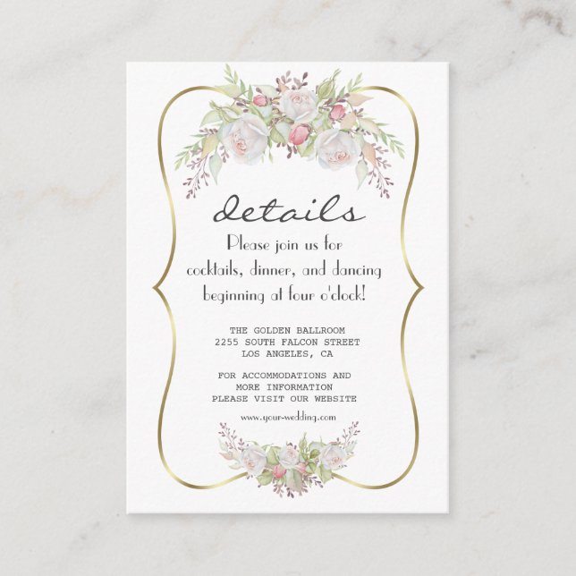 Elegant White Flowers Gold Navy Wedding Details Enclosure Card (Front)