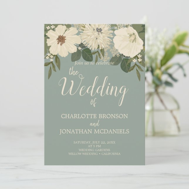 Elegant White Flowers Green Sage Wedding  Invitation (Standing Front)