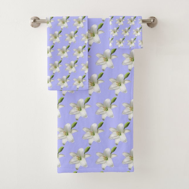 Elegant White Flowers on Light Blue Bath Towel Set (Insitu)