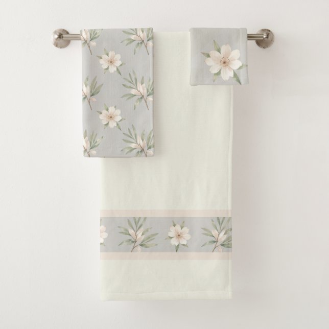 Elegant white flowers pattern bath towel set (Insitu)