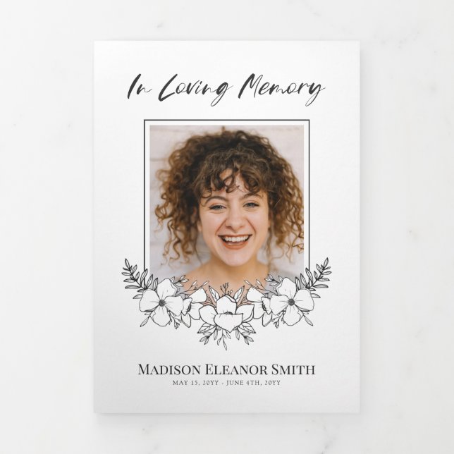 Elegant White Flowers Photo Funeral Tri-Fold Programme (Cover)