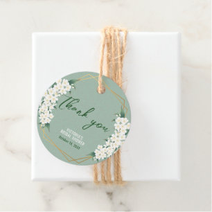 Elegant White Flowers Sage Green Gold Frame Favour Tags
