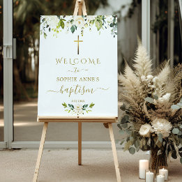 Elegant White Flowers Welcome Baptism Sign