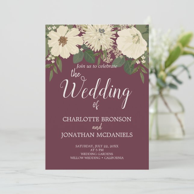 Elegant White Flowers  Wine Wedding Invitation (Standing Front)