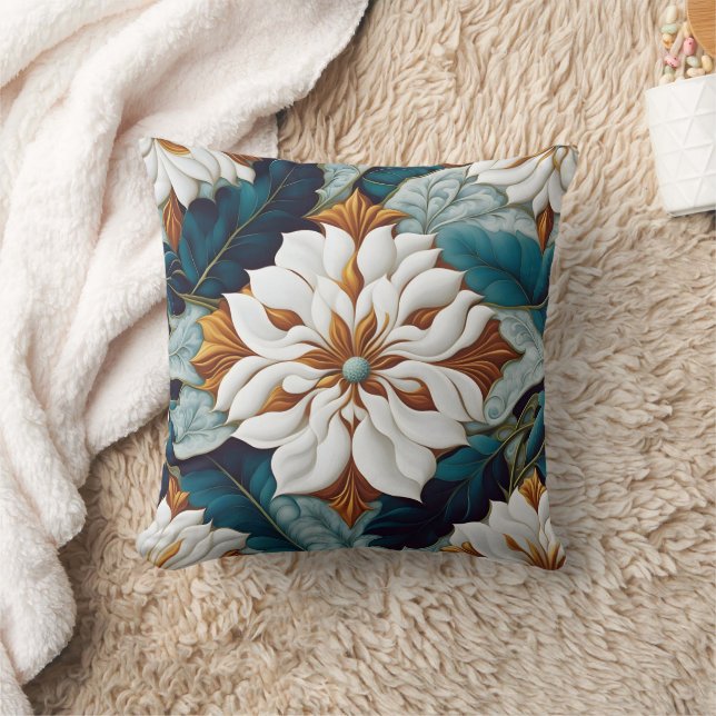 Elegant White Flowers With Teal Leaves in Bloom Throw Pillow (Blanket)