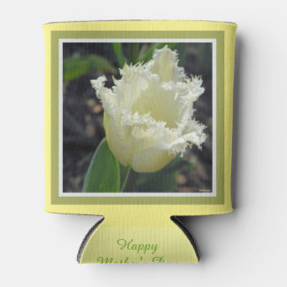 Elegant White Frayed Tulip with Border Design Can Cooler