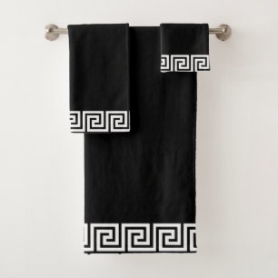 Elegant White Geometric Pattern Frame on Black Bath Towel Set