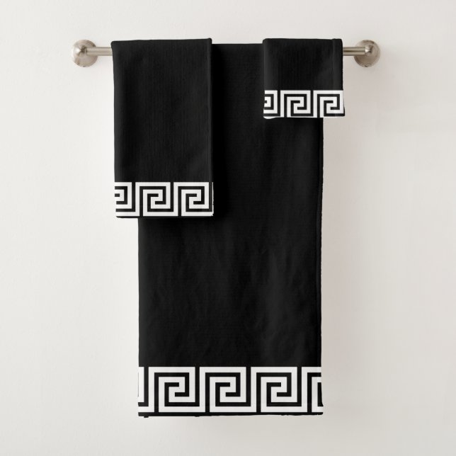 Elegant White Geometric Pattern Frame on Black Bath Towel Set (Insitu)