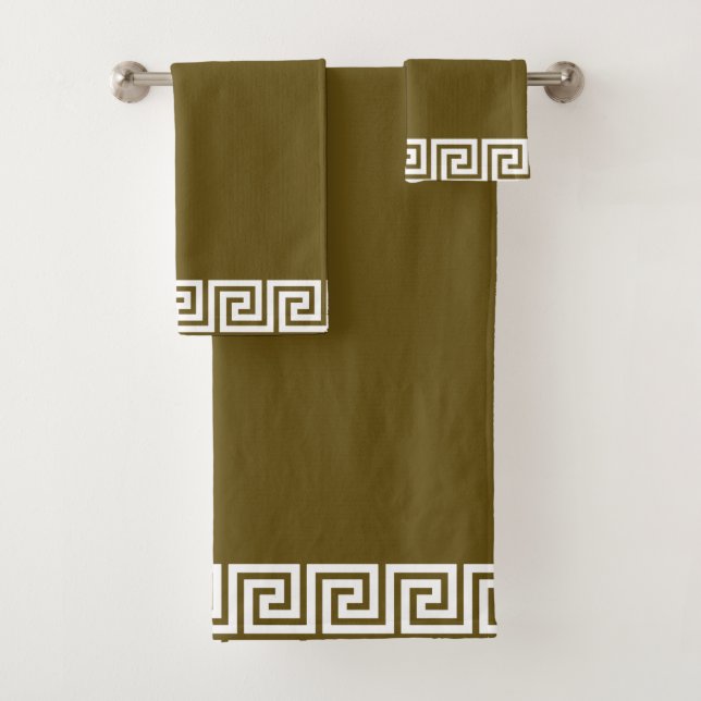 Elegant White Geometric Pattern Frame on Brown Bath Towel Set (Insitu)