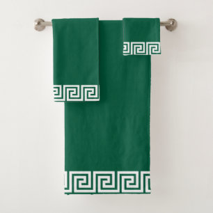 Elegant White Geometric Pattern Frame on Green Bath Towel Set