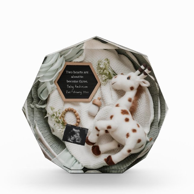 Elegant white giraffe pregnancy announcement  photo block (Front)