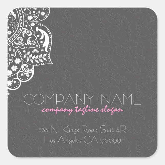 Elegant White Girly Lace Grey Floral Damask Square Sticker (Front)