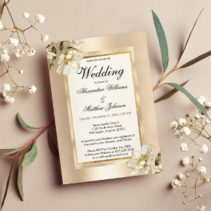 Elegant white glam champagne gold floral Wedding Invitation