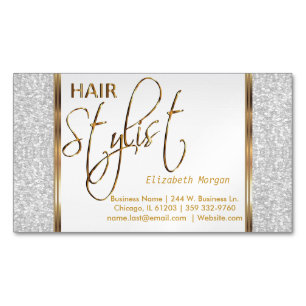 Elegant White Glitter and Gold - Hair Stylist Magnetic Business Card