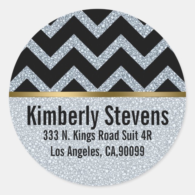 Elegant White Glitter Black Chevron Gold Accents Classic Round Sticker (Front)