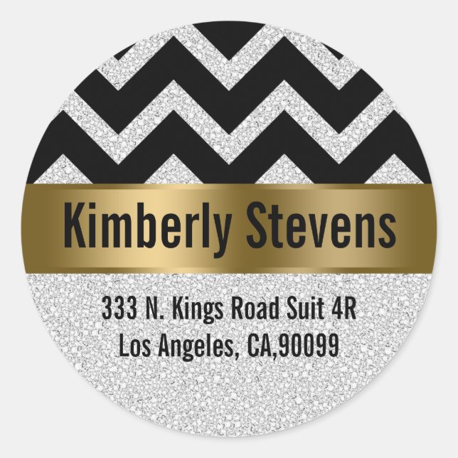 Elegant White Glitter Black Chevron Gold Accents Classic Round Sticker (Front)