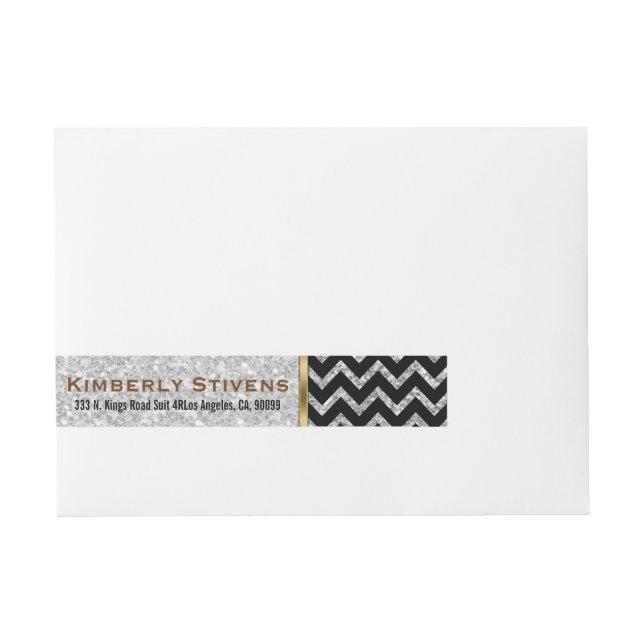 Elegant White Glitter Black Chevron Gold Accents Wraparound Address Label (Front)