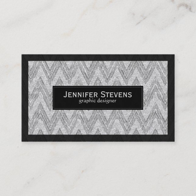 Elegant White Glitter Chevron Zigzag Pattern Business Card (Front)
