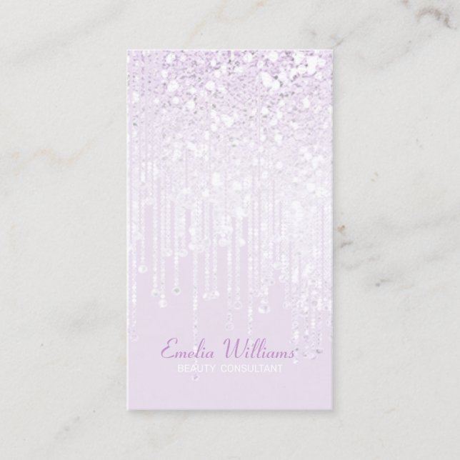 Elegant White Glitter Crystal Drips Light Plum Business Card (Front)